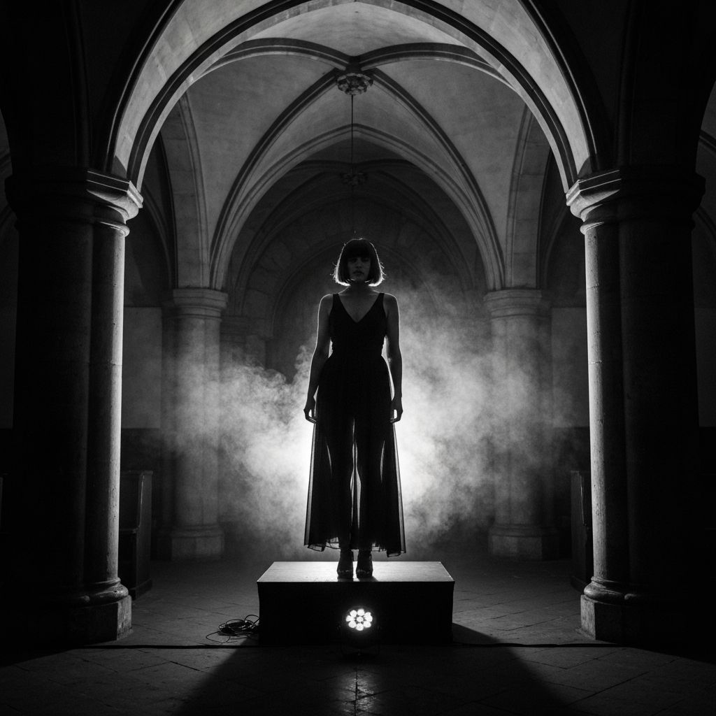 Silhouetted crowd watching a performer in a stone-walled basement