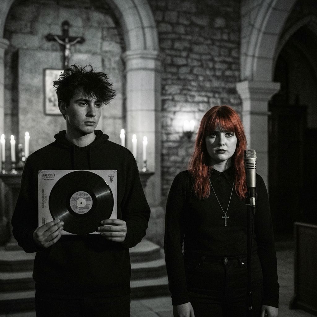 Two figures in a dimly lit church basement, founders of Paradisia